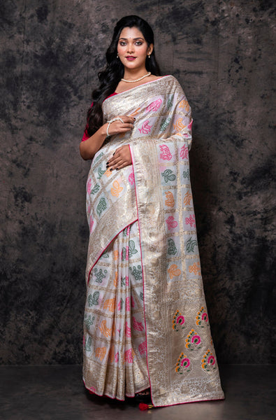 Morchari Pure Dola Silk Saree - Cream - Distacart