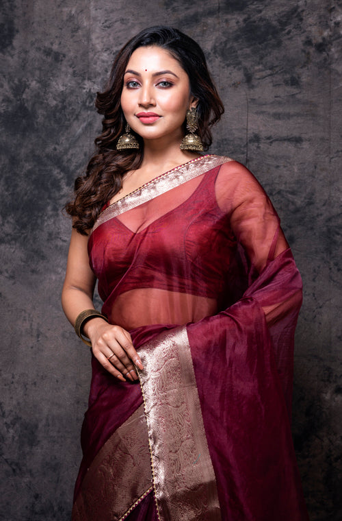 Morchari Organza Saree - Brown - Distacart