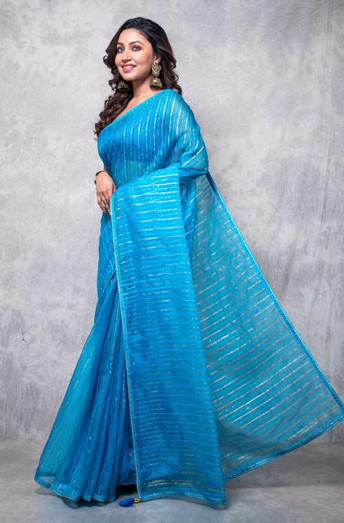 Morchari Organza Saree With Plain Blouse - Light Blue - Distacart