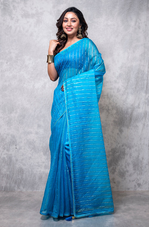Morchari Organza Saree With Plain Blouse - Light Blue - Distacart