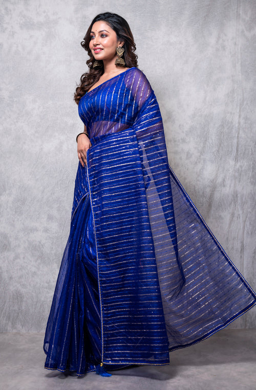 Morchari Organza Saree With Plain Blouse - Navy Blue - Distacart