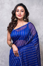 Thumbnail for Morchari Organza Saree With Plain Blouse - Navy Blue - Distacart