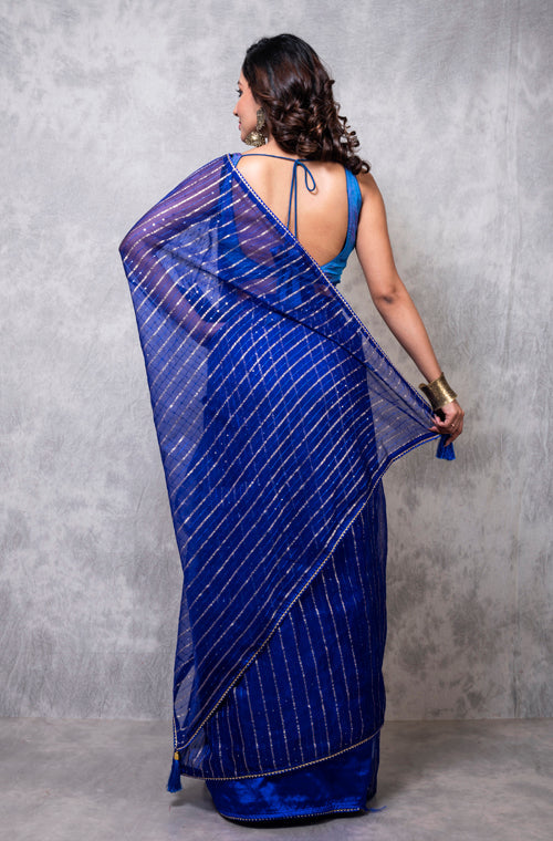 Morchari Organza Saree With Plain Blouse - Navy Blue - Distacart
