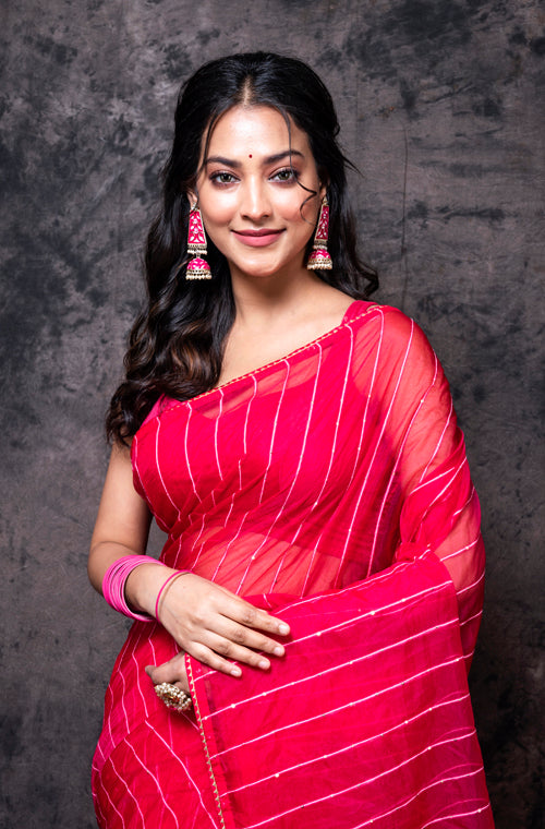 Morchari Organza Saree With Plain Blouse - Red - Distacart