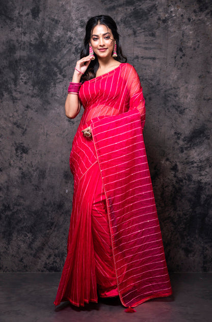Morchari Organza Saree With Plain Blouse - Red - Distacart