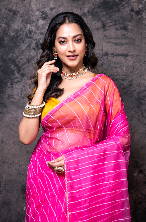 Morchari Organza Saree With Plain Blouse - Pink - Distacart