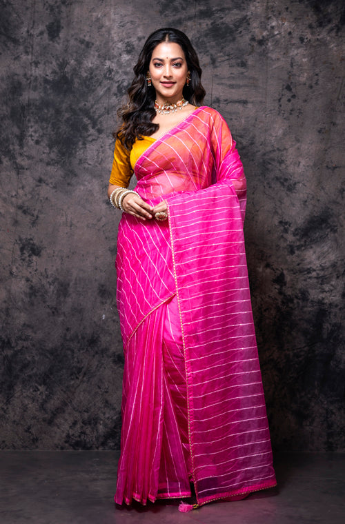 Morchari Organza Saree With Plain Blouse - Pink - Distacart