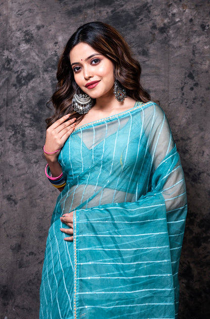 Morchari Organza Saree With Plain Blouse - Light Green - Distacart