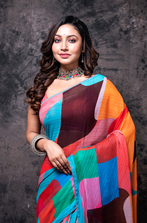Morchari Georgette Saree With Digital Print - Multicolor - Distacart