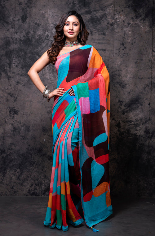 Morchari Georgette Saree With Digital Print - Multicolor - Distacart