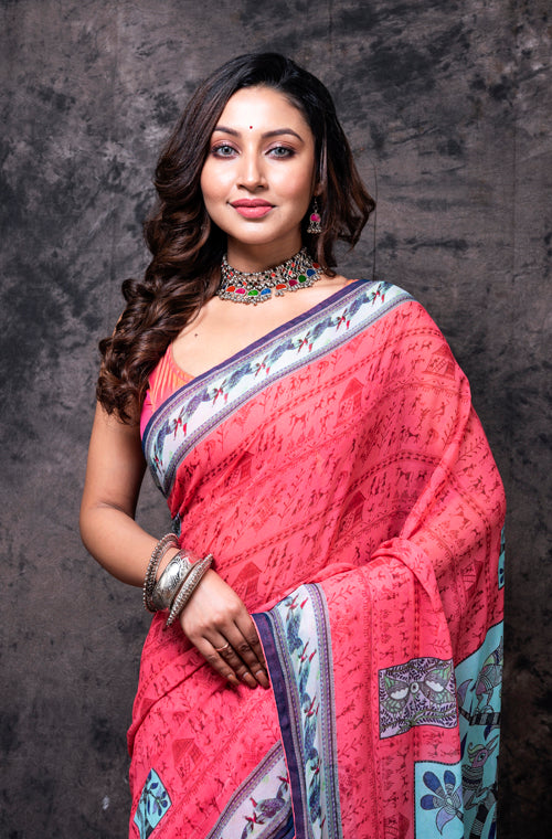 Morchari Georgette Saree With Digital Print - Multicolour - Distacart