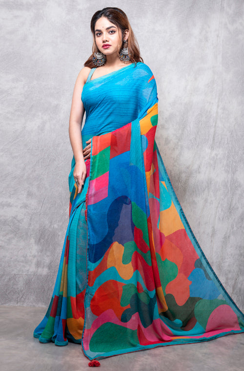 Morchari Georgette Saree With Digital Print - Multicolour - Distacart