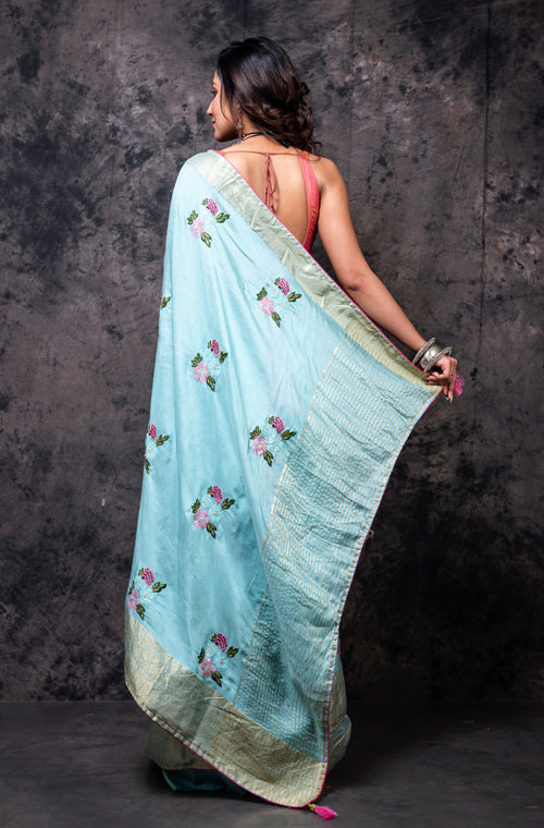 Morchari Fancy Embroidery Saree - Light Blue - Distacart