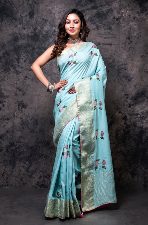 Morchari Fancy Embroidery Saree - Light Blue - Distacart