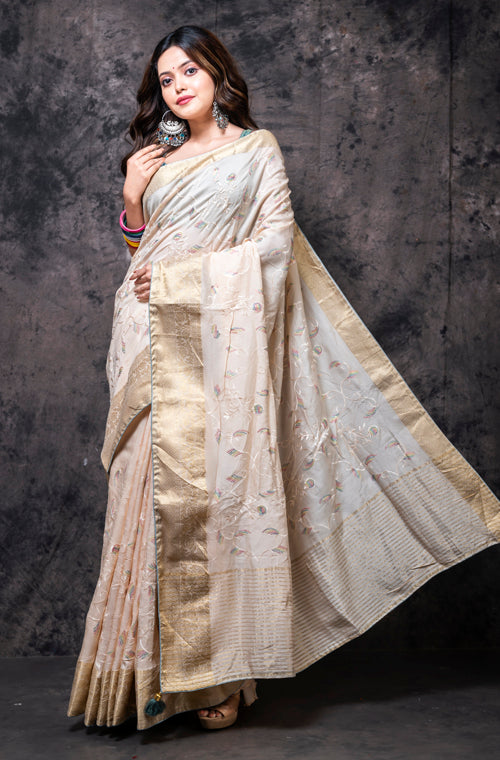 Morchari Fancy Embroidery Saree - Cream - Distacart