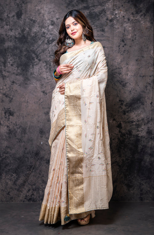Morchari Fancy Embroidery Saree - Cream - Distacart