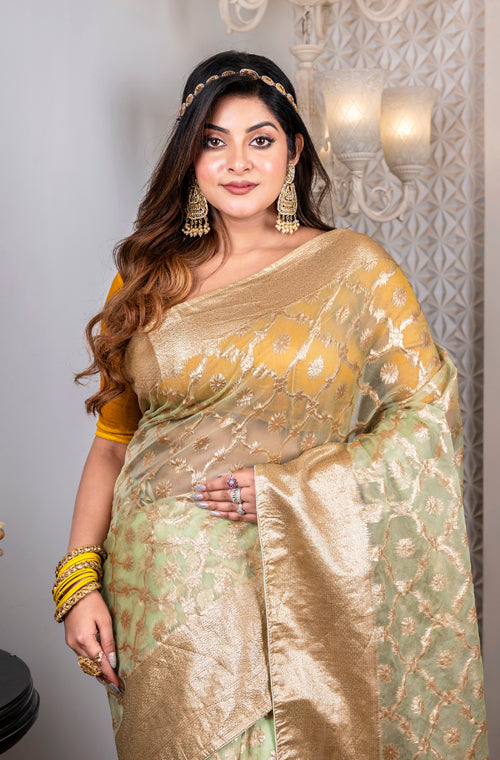 Morchari Organza Heavy Zari Saree - Green - Distacart