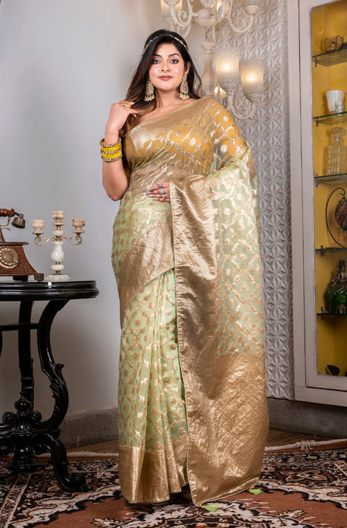 Morchari Organza Heavy Zari Saree - Green - Distacart