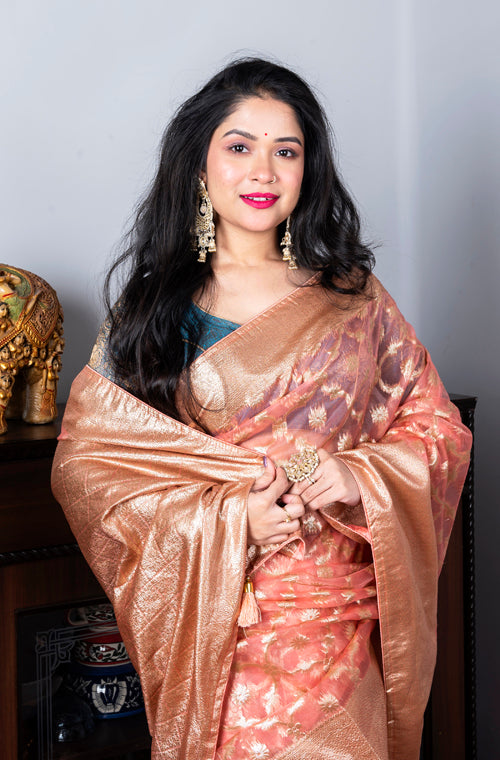 Morchari Organza Heavy Zari Saree - Pink - Distacart