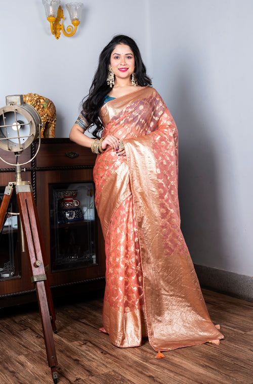 Morchari Organza Heavy Zari Saree - Pink - Distacart