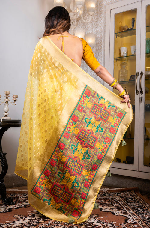 Morchari Organza Heavy Zari Saree - Yellow - Distacart