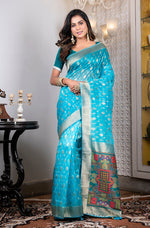 Thumbnail for Morchari Organza Heavy Zari Saree - Light Blue - Distacart