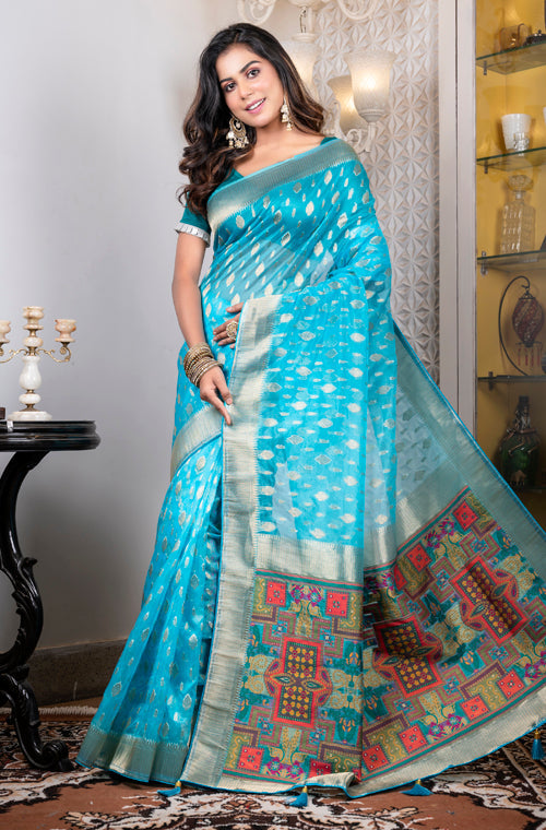 Morchari Organza Heavy Zari Saree - Light Blue - Distacart