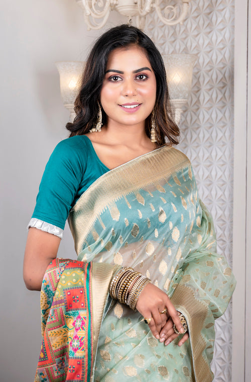 Morchari Organza Heavy Zari Saree - Green - Distacart