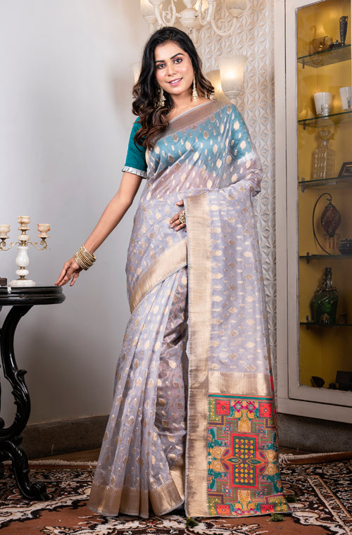 Morchari Organza Heavy Zari Saree - Grey - Distacart