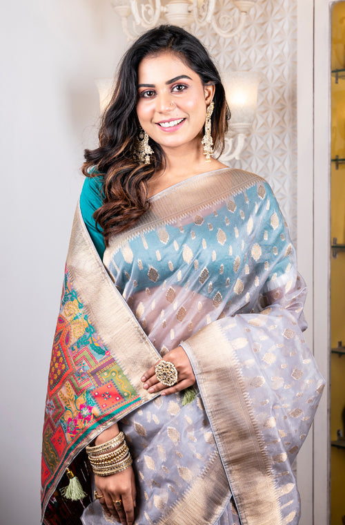Morchari Organza Heavy Zari Saree - Grey - Distacart