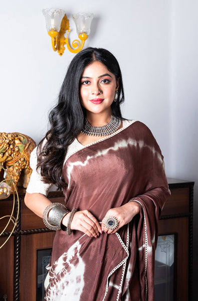 Morchari Chiffon Saree (Tie & Dye) - Brown - Distacart