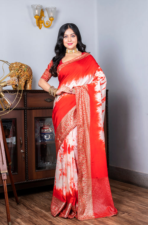 Morchari Pure Dola Saree (Marble Dye) - Red - Distacart