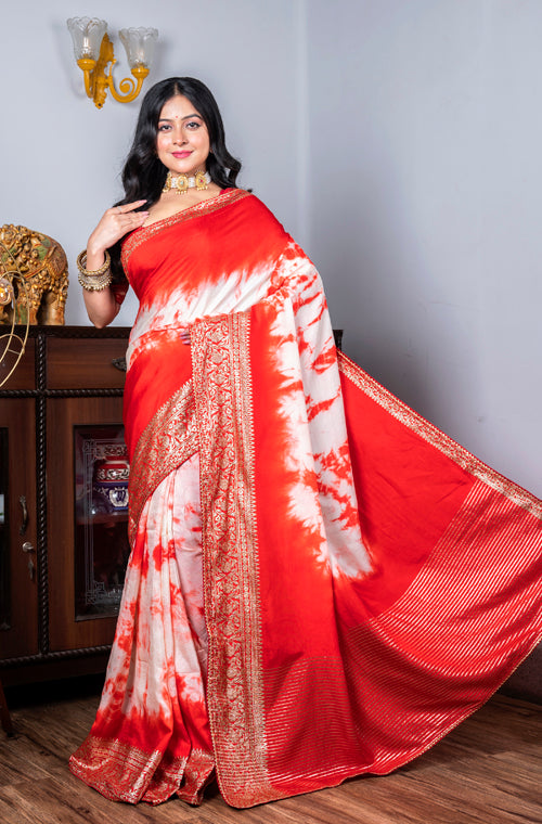 Morchari Pure Dola Saree (Marble Dye) - Red - Distacart