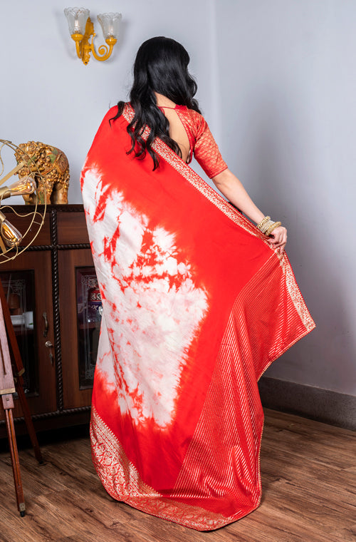 Morchari Pure Dola Saree (Marble Dye) - Red - Distacart