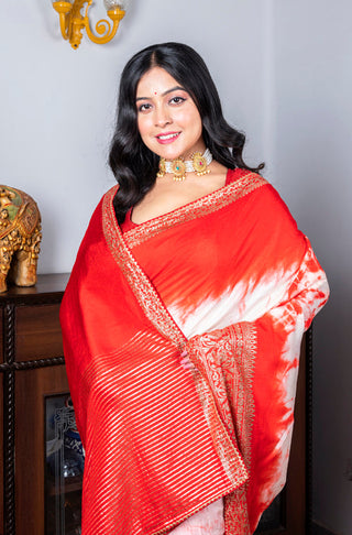 Morchari Pure Dola Saree (Marble Dye) - Red - Distacart
