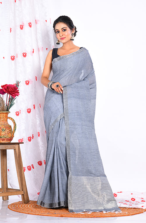 Morchari Pure Cotton Linin Saree - Grey - Distacart