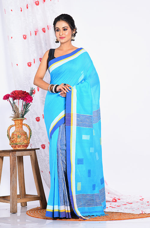 Morchari Cotton Handloom Saree - Blue - Distacart