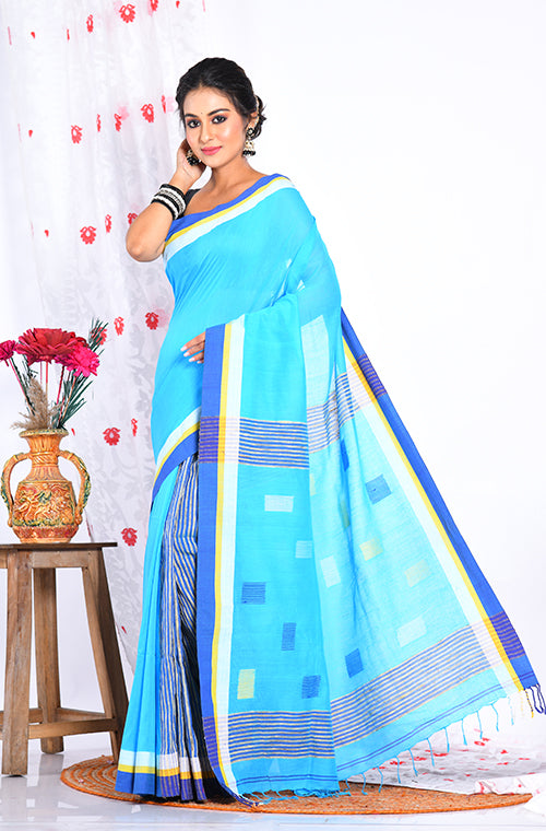 Morchari Cotton Handloom Saree - Blue - Distacart