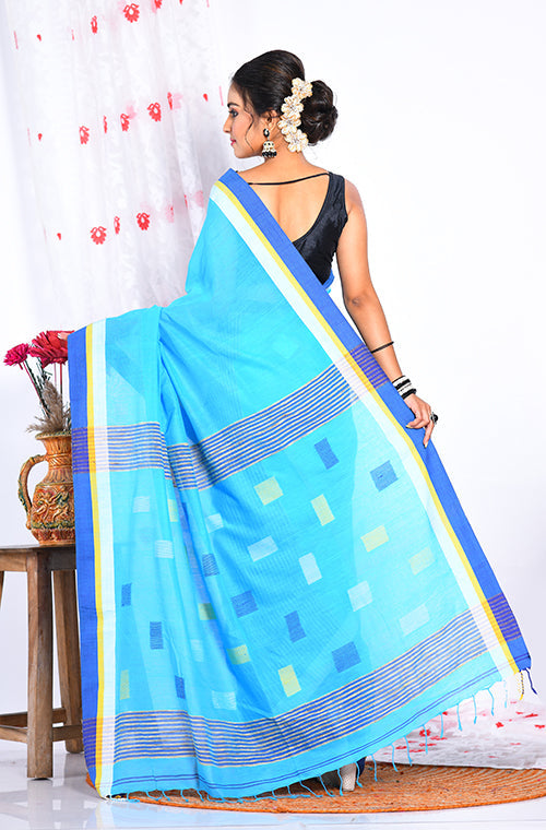 Morchari Cotton Handloom Saree - Blue - Distacart