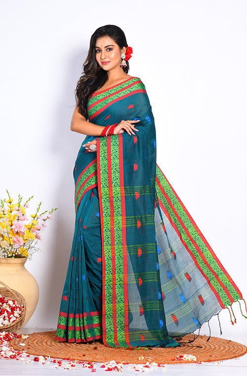 Morchari Cotton Handloom Saree - Green - Distacart