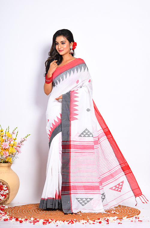 Morchari Cotton Handloom Saree - White - Distacart