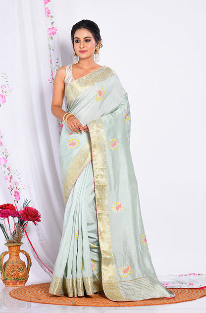 Morchari Heavy Embroidery Saree - Light Green - Distacart