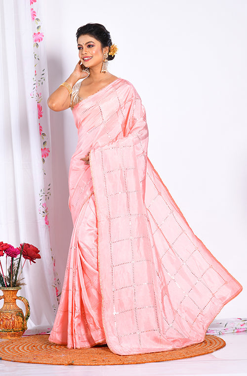 Morchari Heavy Embroidery Saree - Pink - Distacart