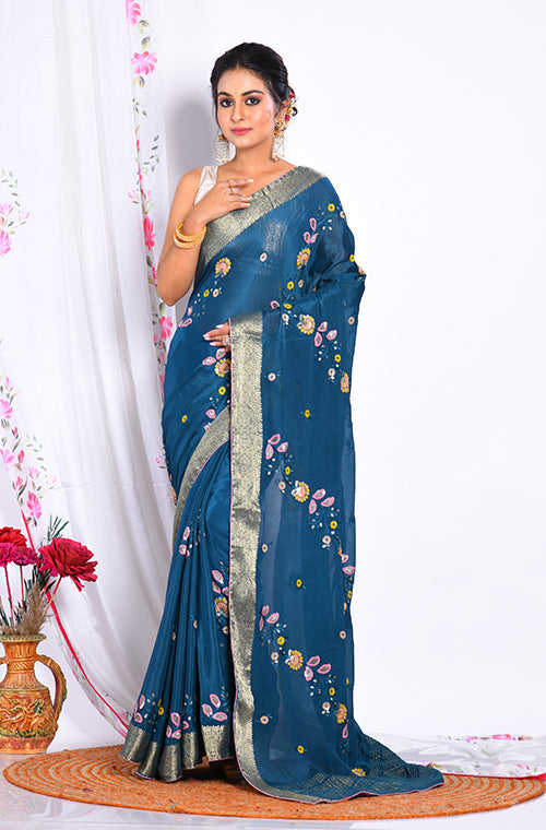 Morchari Heavy Embroidery Saree - Dark Green - Distacart