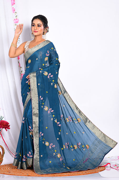 Morchari Heavy Embroidery Saree - Dark Green - Distacart