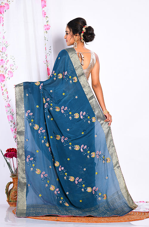 Morchari Heavy Embroidery Saree - Dark Green - Distacart