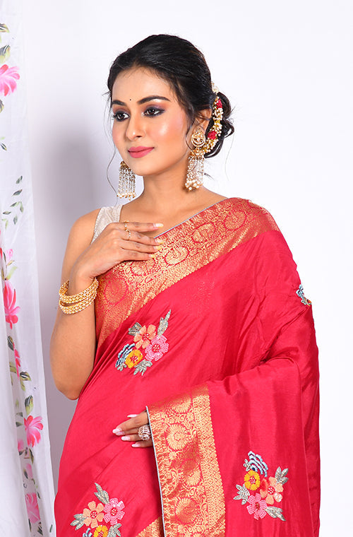 Morchari Heavy Embroidery Saree - Maroon - Distacart