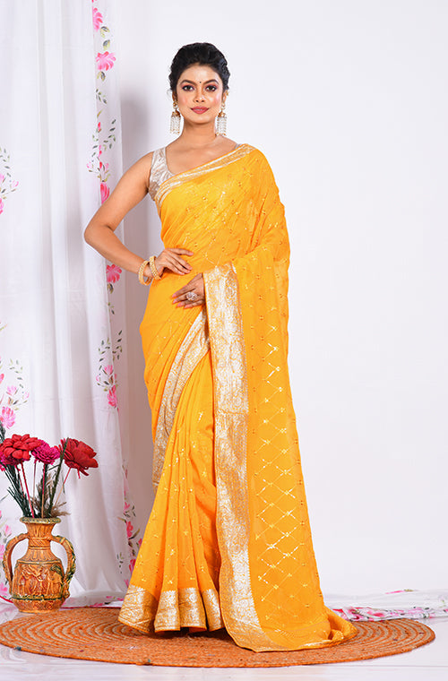 Morchari Heavy Embroidery Saree - Yellow - Distacart