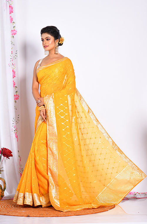 Morchari Heavy Embroidery Saree - Yellow - Distacart