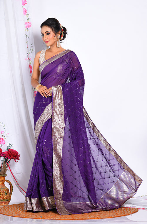Morchari Heavy Embroidery Saree - Purple - Distacart